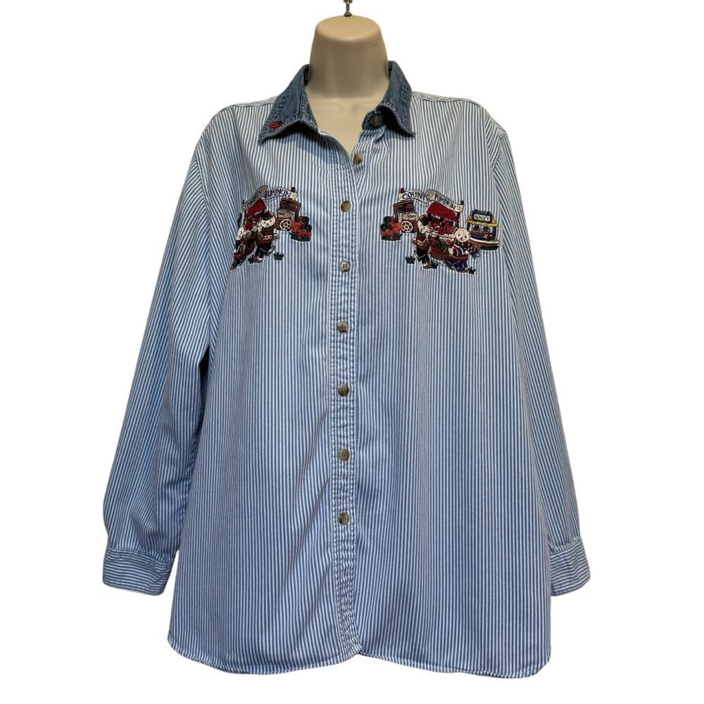 Vintage Fall Teddy Bear Embroidered Striped Button Down Cotton Shirt Sz 18W/20W